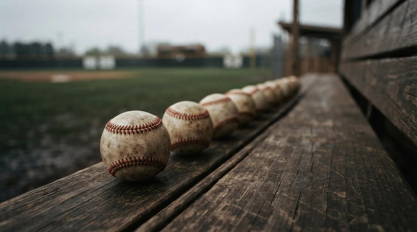 Rząd piłek baseballowych na ławce, kolejne coraz bardziej nieostre