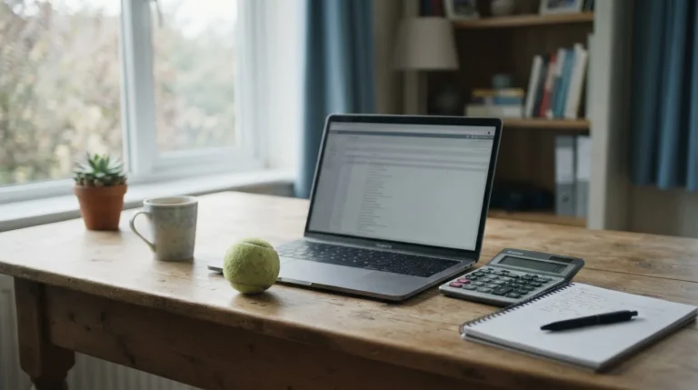 Piłka tenisowa obok laptopa, kalkulatora i notesu na biurku