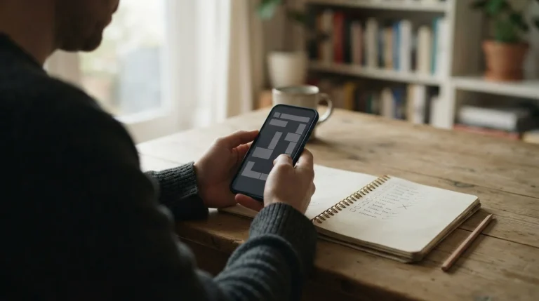 Dłonie trzymające smartfon nad notesem z rzędem odhaczeń i jednym krzyżykiem