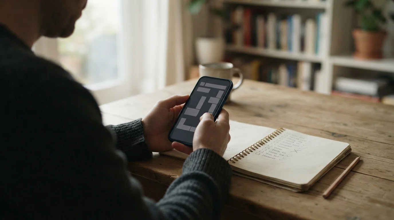 Dłonie trzymające smartfon nad notesem z rzędem odhaczeń i jednym krzyżykiem