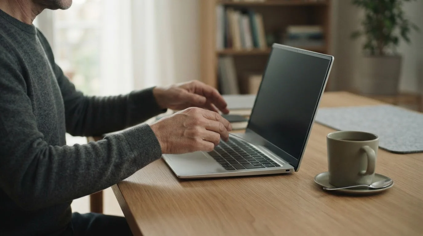 Dłonie osoby dorosłej zamykającej laptopa na uporządkowanym biurku