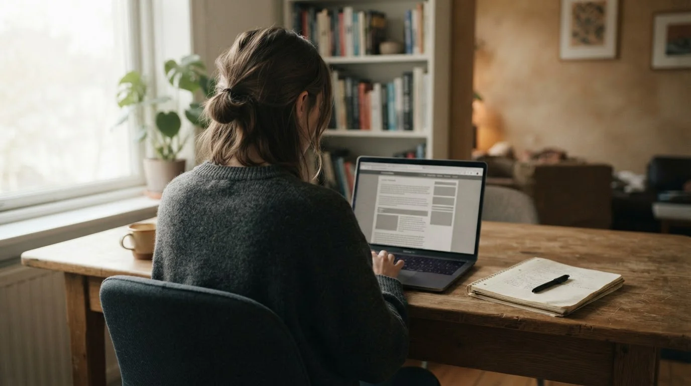 Osoba od tyłu czyta regulamin bonusu na laptopie