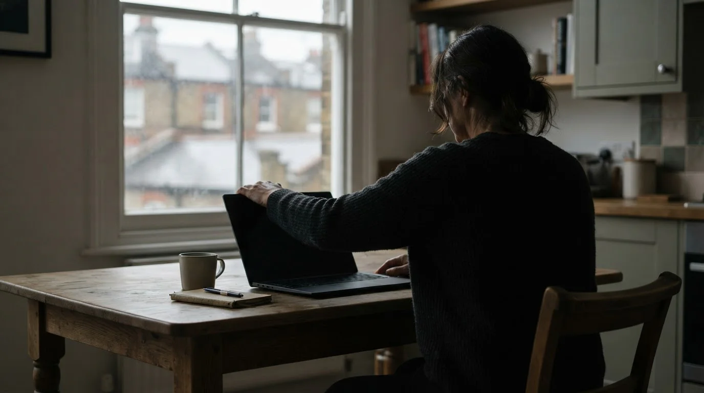Osoba widziana od tyłu zamyka laptopa przy kuchennym stole