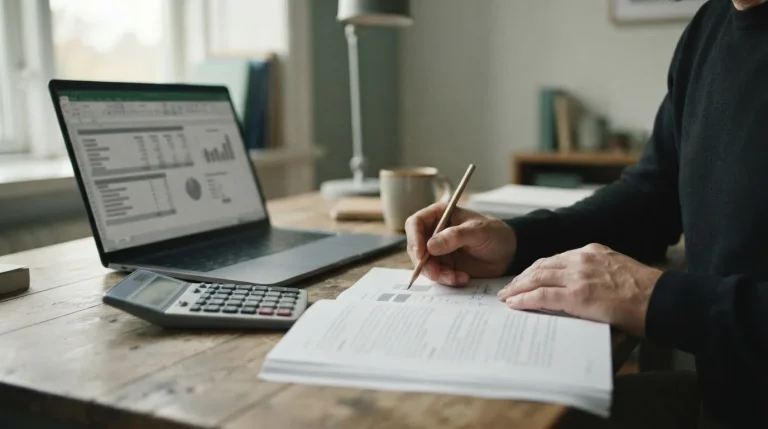 Dłonie z ołówkiem nad regulaminem, obok kalkulator i laptop