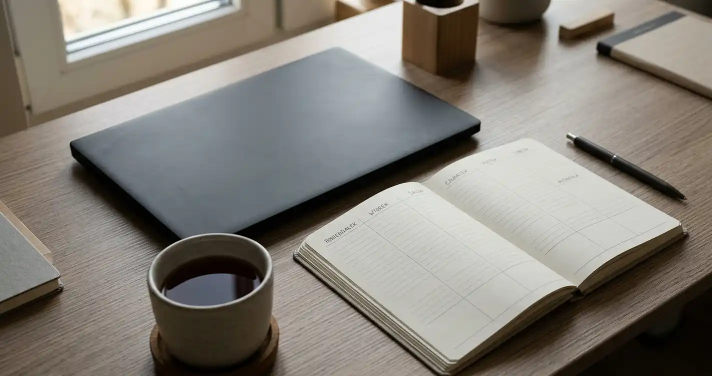 Dłonie zamykające laptopa obok planera z pustym tygodniowym grafikiem