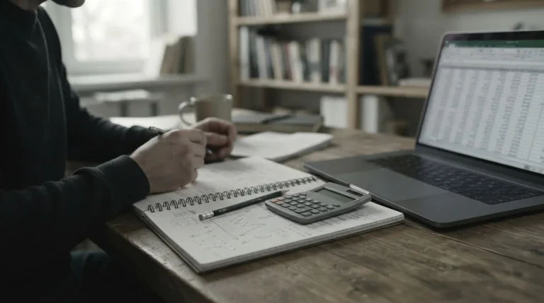 Notatnik z odręcznym opadającym wykresem, kalkulator i laptop na biurku