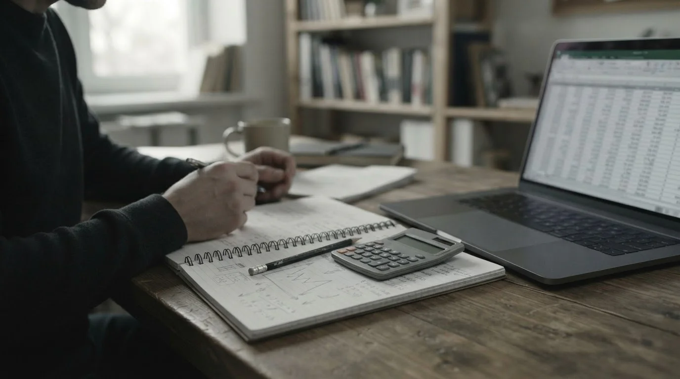 Notatnik z odręcznym opadającym wykresem, kalkulator i laptop na biurku