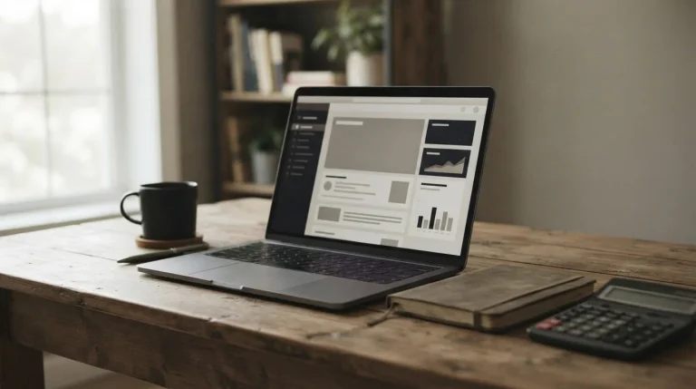 Laptop, notes i kalkulator na biurku podczas analizy ofert bukmacherów internetowych