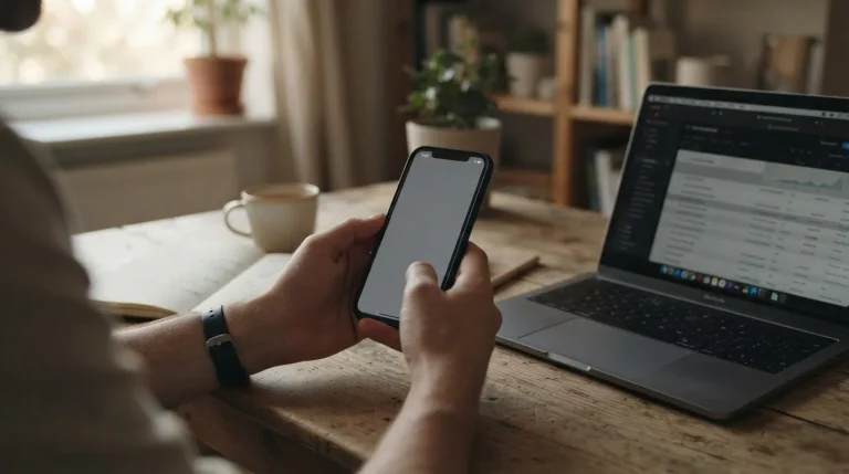 Dłonie trzymające smartfon z ekranem płatności przy biurku z laptopem