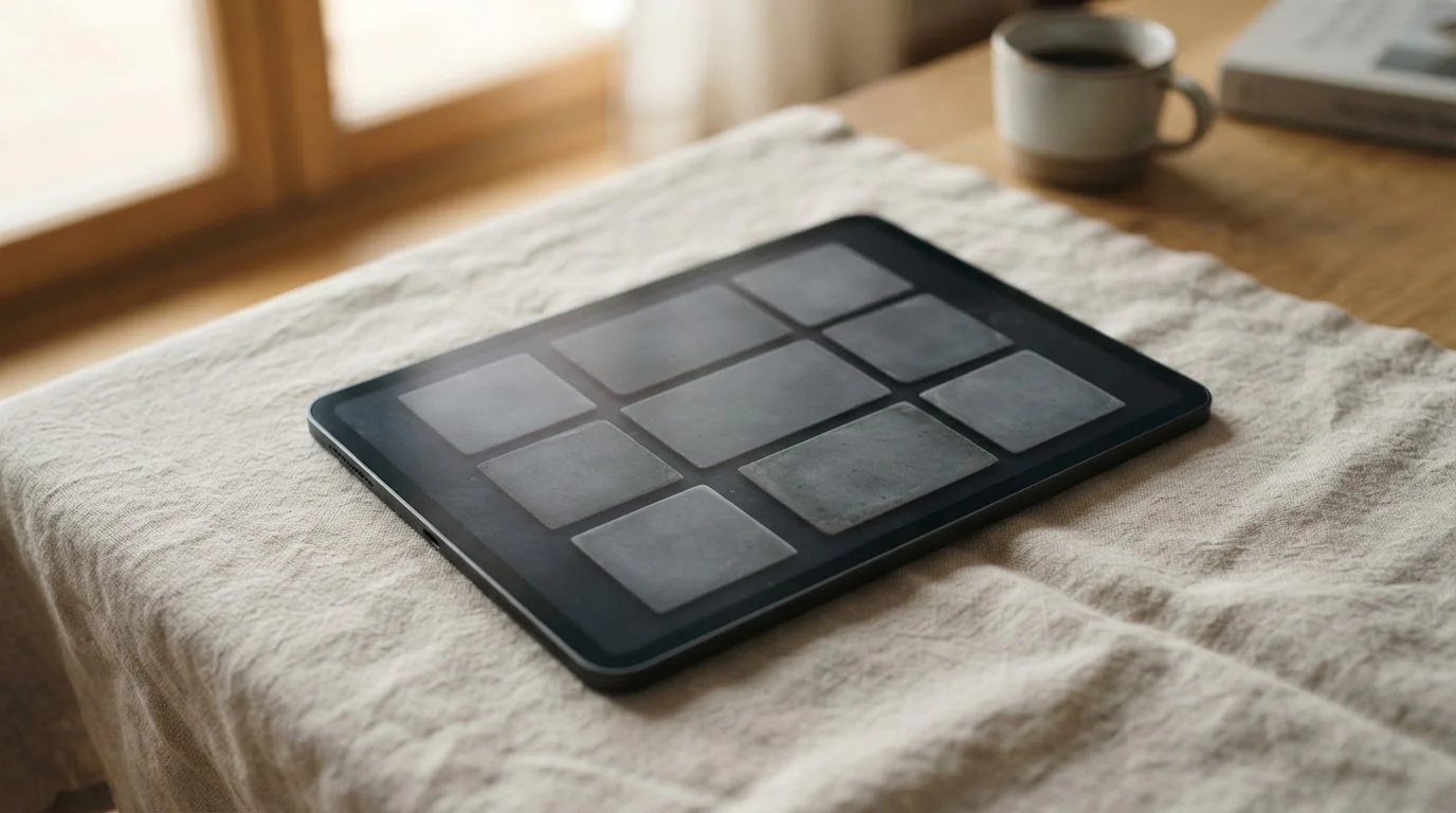 Tablet z siatką dziewięciu szarych kafelków różnej wielkości