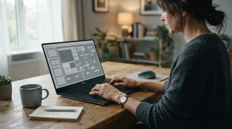 Dłonie przy laptopie z neutralnym schematem przepływu wpłaty i wypłaty