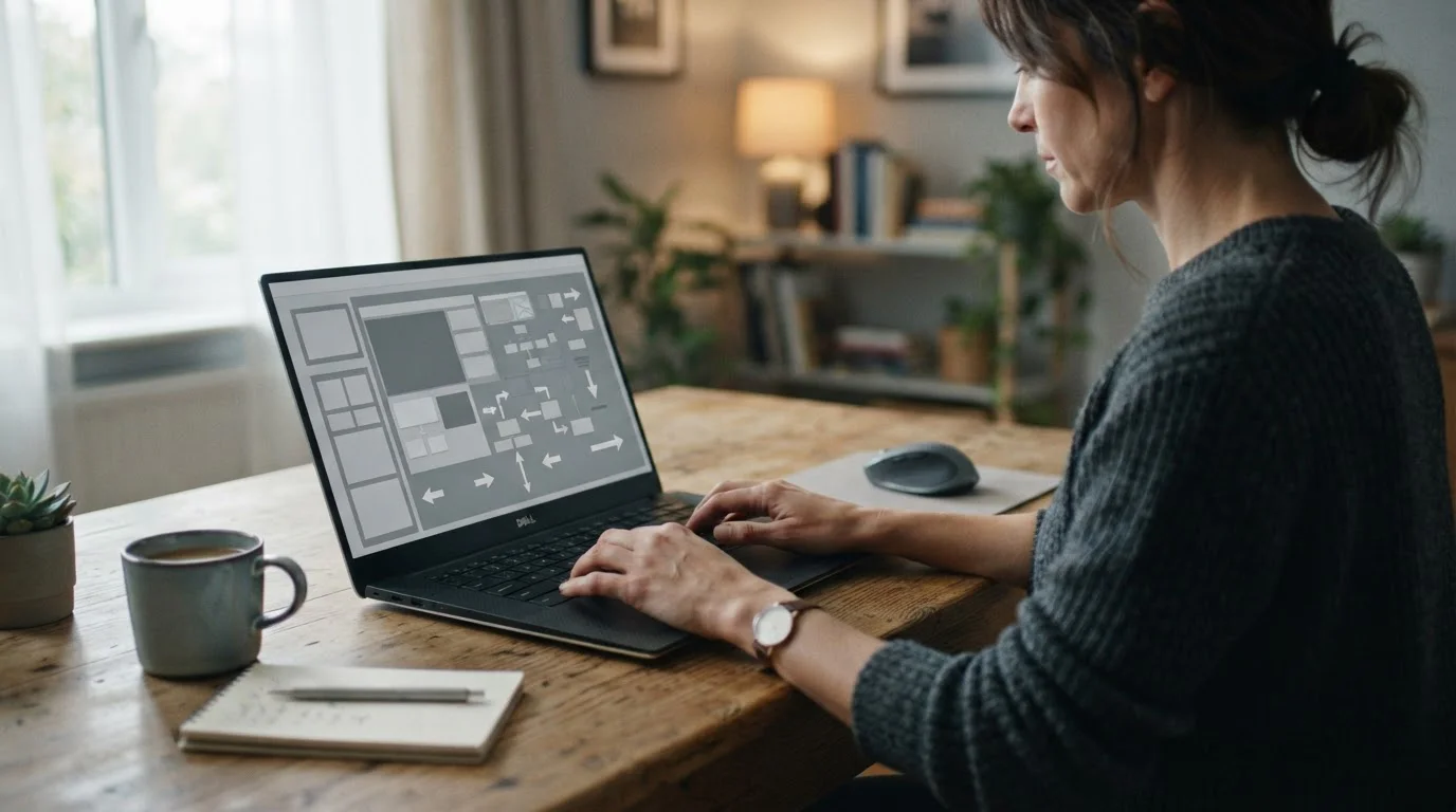 Dłonie przy laptopie z neutralnym schematem przepływu wpłaty i wypłaty