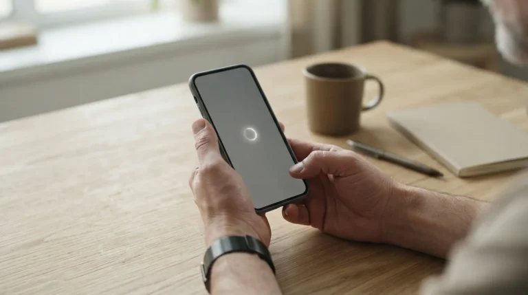 Dłonie trzymające smartfon z ekranem płatności nad biurkiem