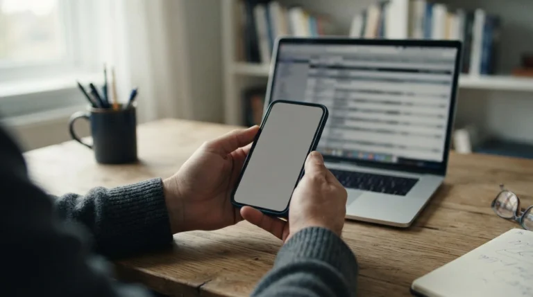 Dłonie trzymające smartfon z ekranem płatności nad biurkiem z laptopem
