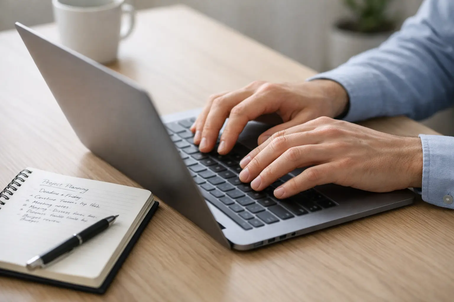 Dłonie osoby pracującej na laptopie z notatnikiem