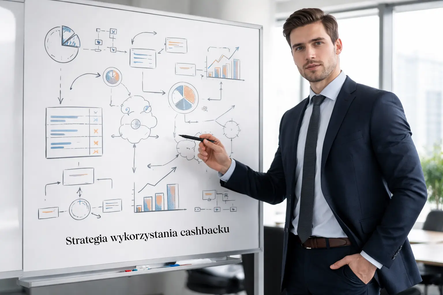 Mężczyzna planujący strategię przy tablicy z notatkami