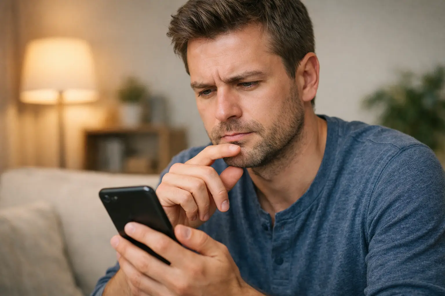Osoba zastanawiająca się nad decyzją przy smartfonie