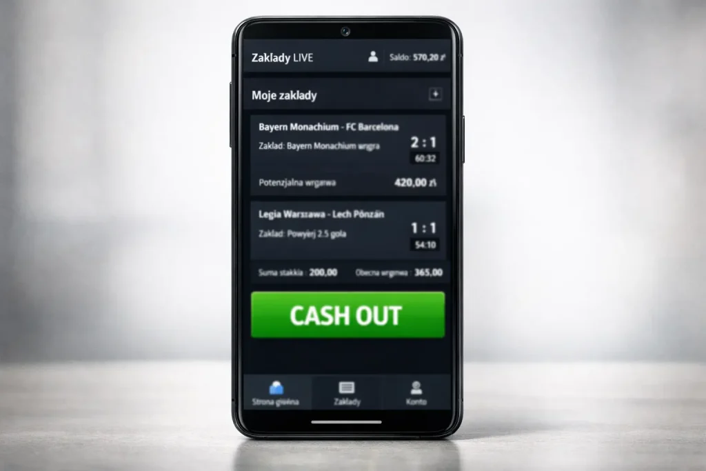 Przycisk cash out na ekranie aplikacji bukmacherskiej