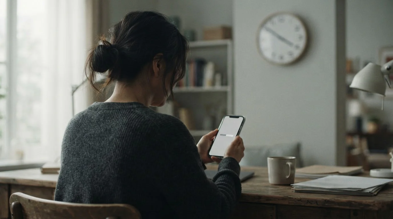 Osoba widziana od tyłu trzyma smartfon z paskiem postępu, w tle zegar
