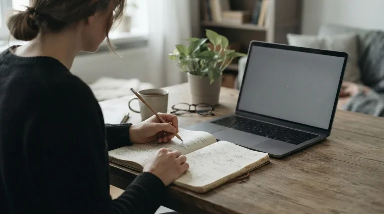 Dłonie z ołówkiem nad notatnikiem obok laptopa podczas przeliczania freebetu