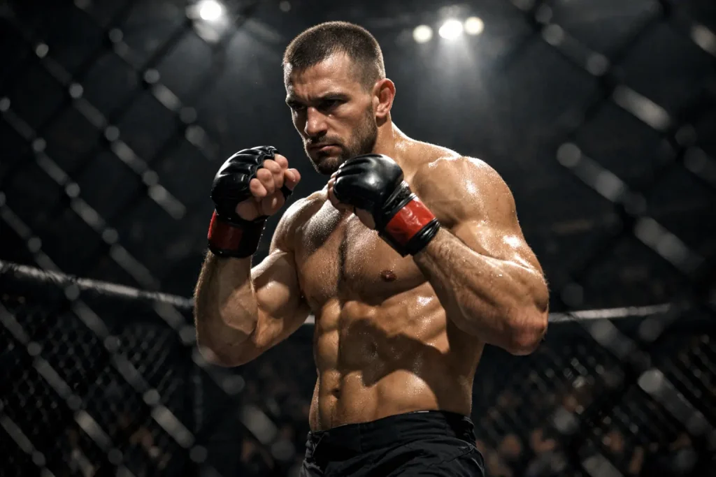 Zawodnik MMA w klatce oktagonowej podczas walki