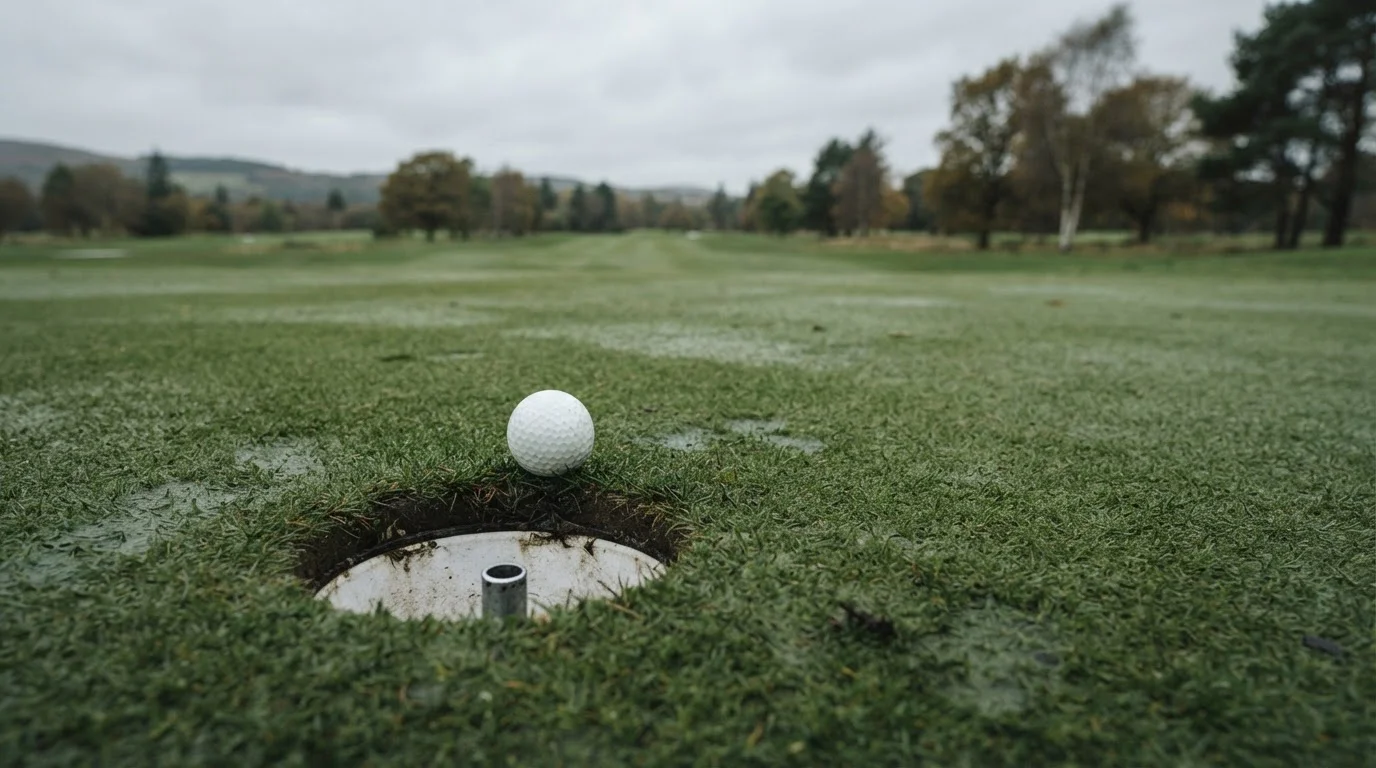 Biała piłka golfowa zatrzymana na krawędzi dołka na mokrym greenie