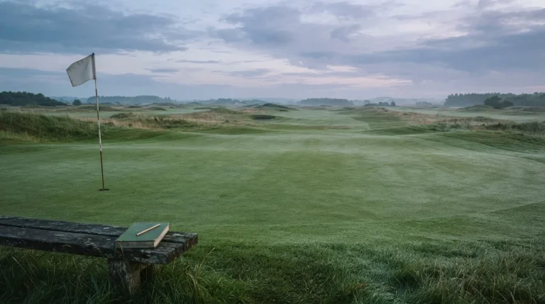 Pusty green pole golfowego o świcie i notes na ławce