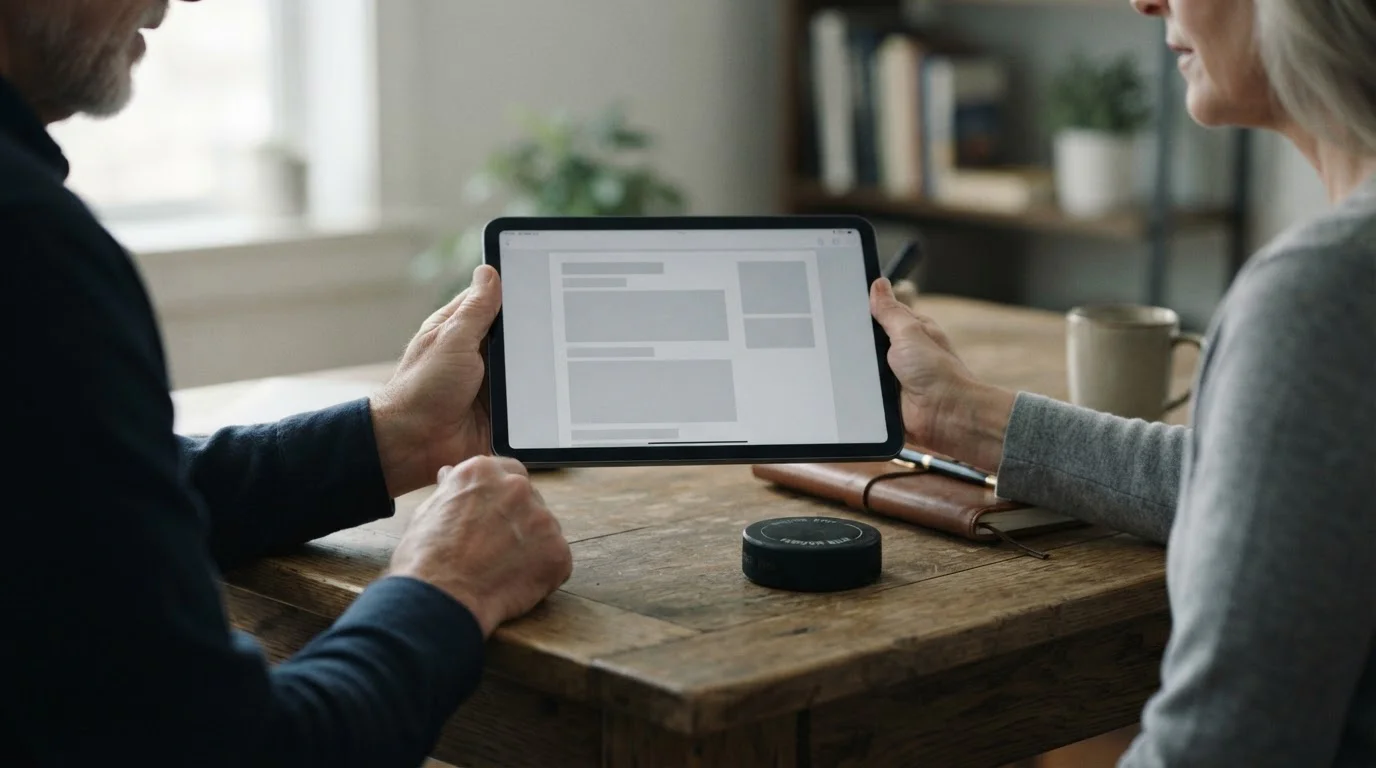 Dłonie trzymające tablet z dokumentem regulaminu obok krążka hokejowego