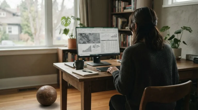 Osoba przy biurku analizuje dane meczowe na laptopie
