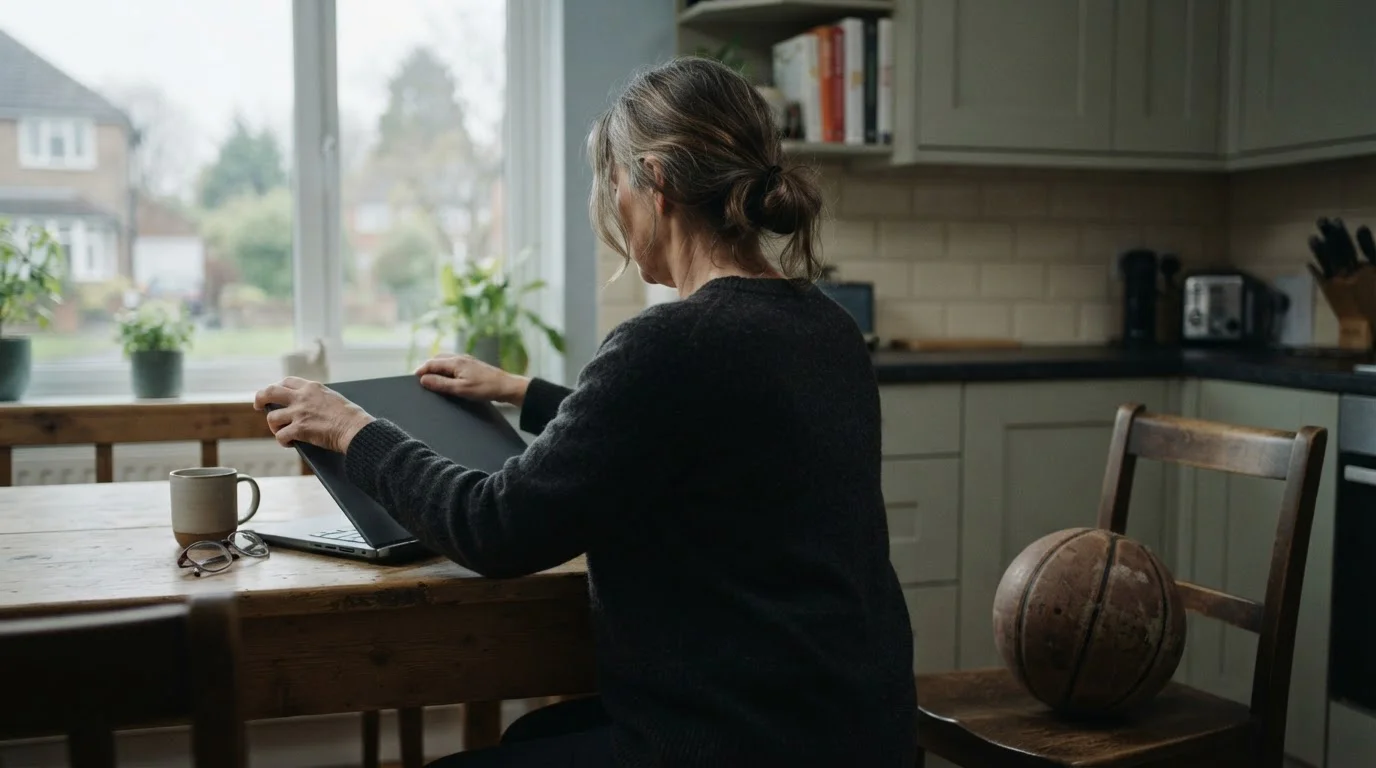 Osoba zamykająca laptopa przy kuchennym stole