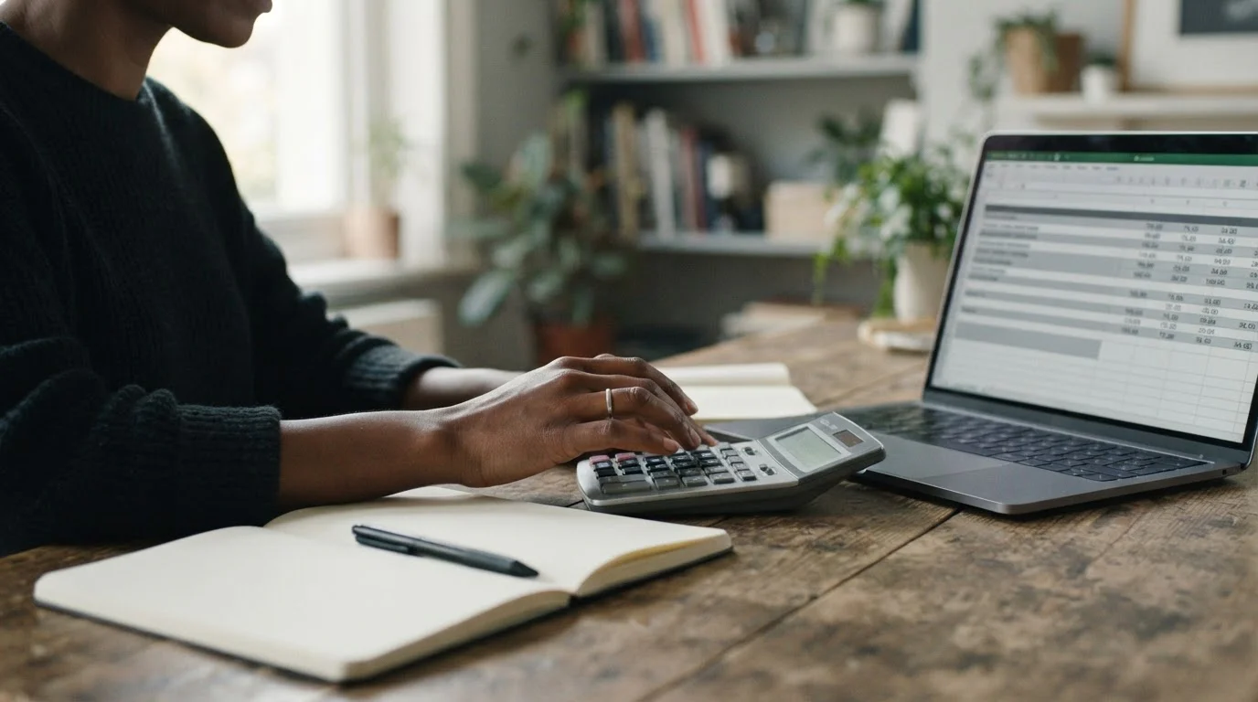 Dłoń przy kalkulatorze, pusty notes i laptop z abstrakcyjną tabelą