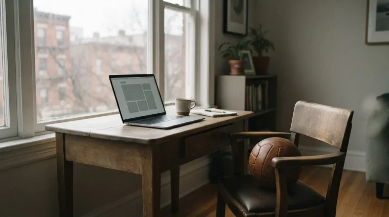 Laptop na biurku przy oknie i piłka na krześle obok
