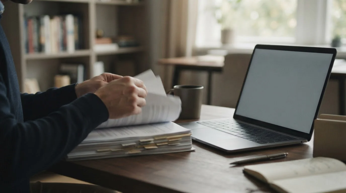 Dłonie przeglądające dokument prawny obok laptopa z pustym formularzem