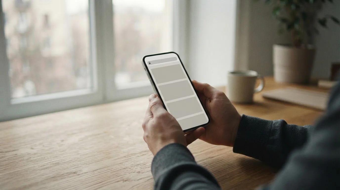 Dłonie trzymające smartfon z pustym paskiem adresu i ikoną kłódki