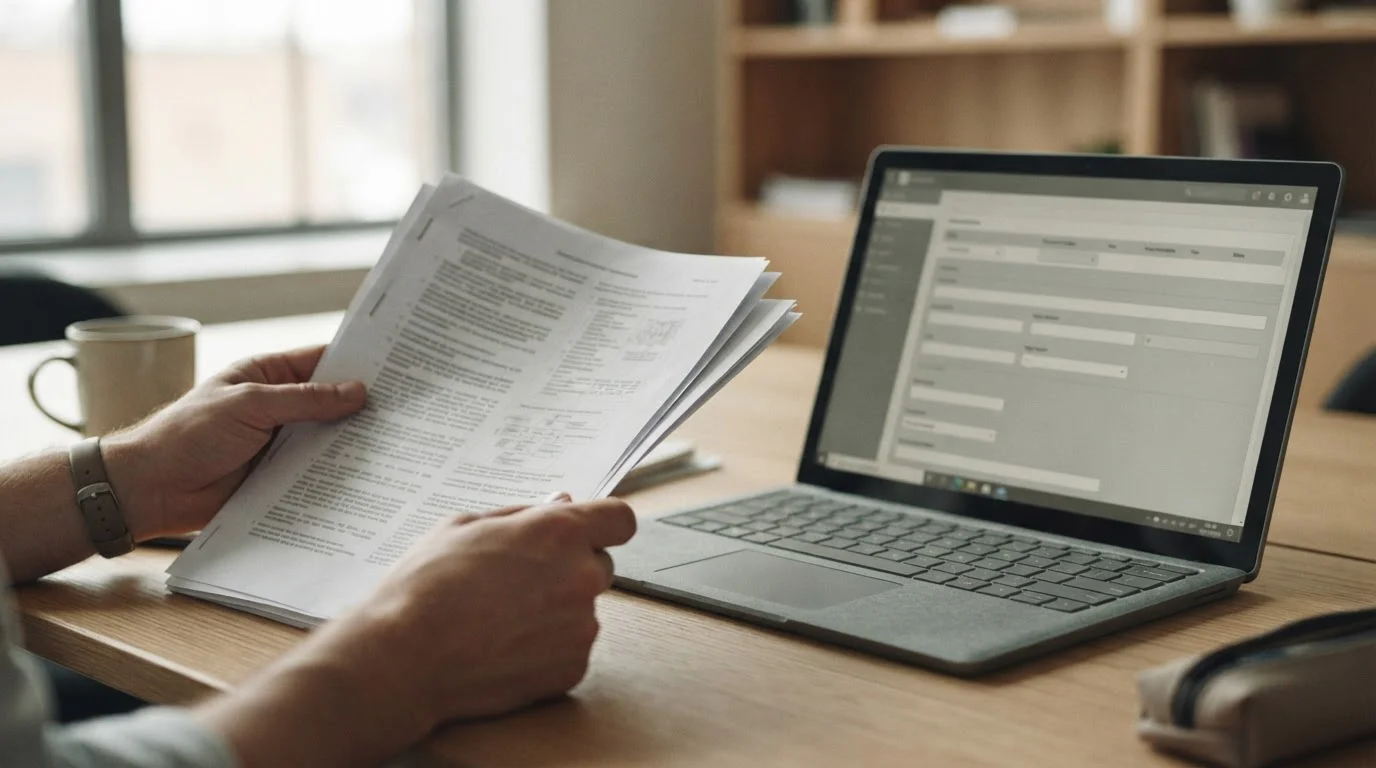 Dłonie trzymające wydruk regulaminu obok laptopa z pustym formularzem