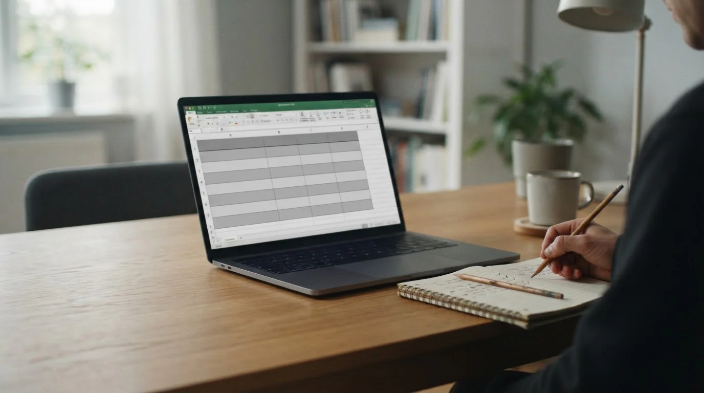 Laptop z anonimową tabelą porównawczą i notatnik z odręcznymi znacznikami