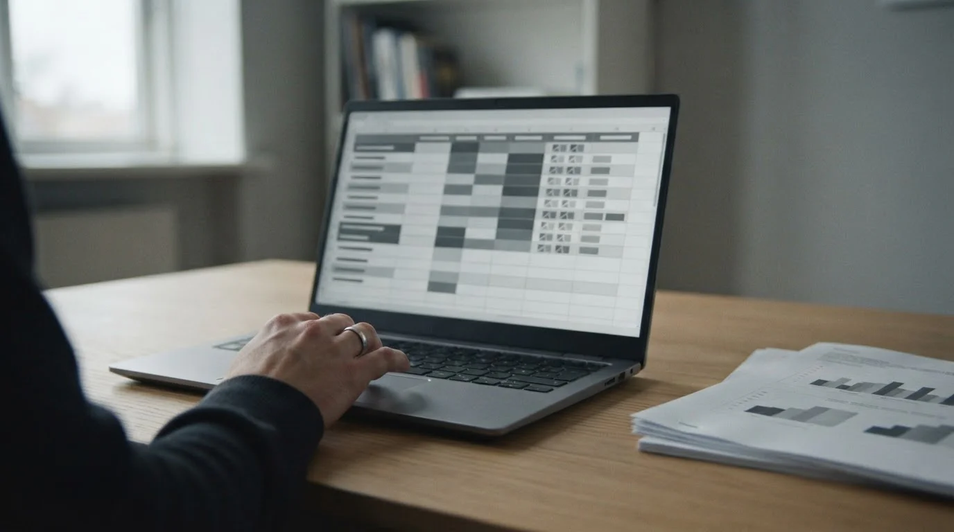 Laptop z anonimową tabelą porównawczą i wydrukowane strony regulaminu obok