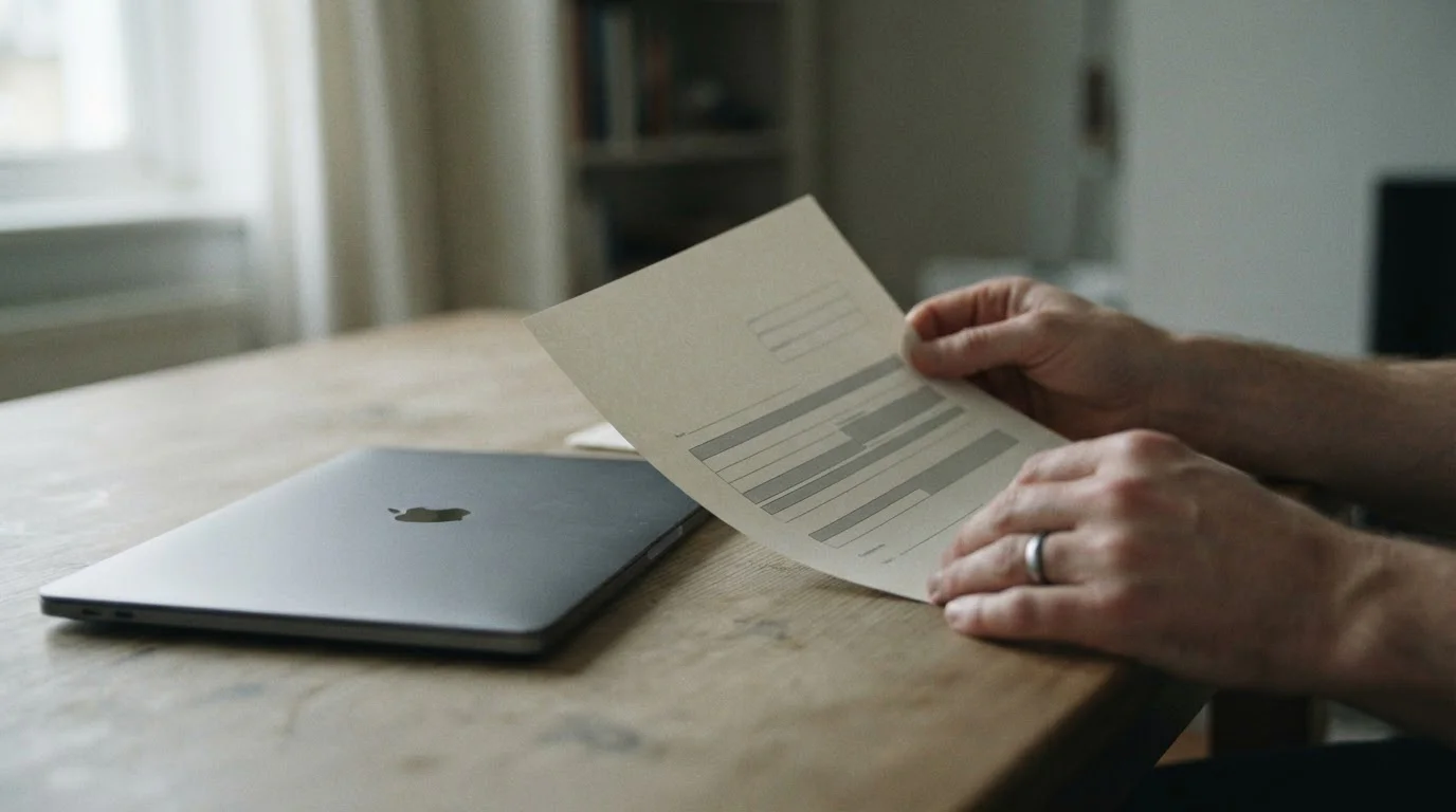 Dłonie trzymające urzędowy dokument obok zamkniętego laptopa