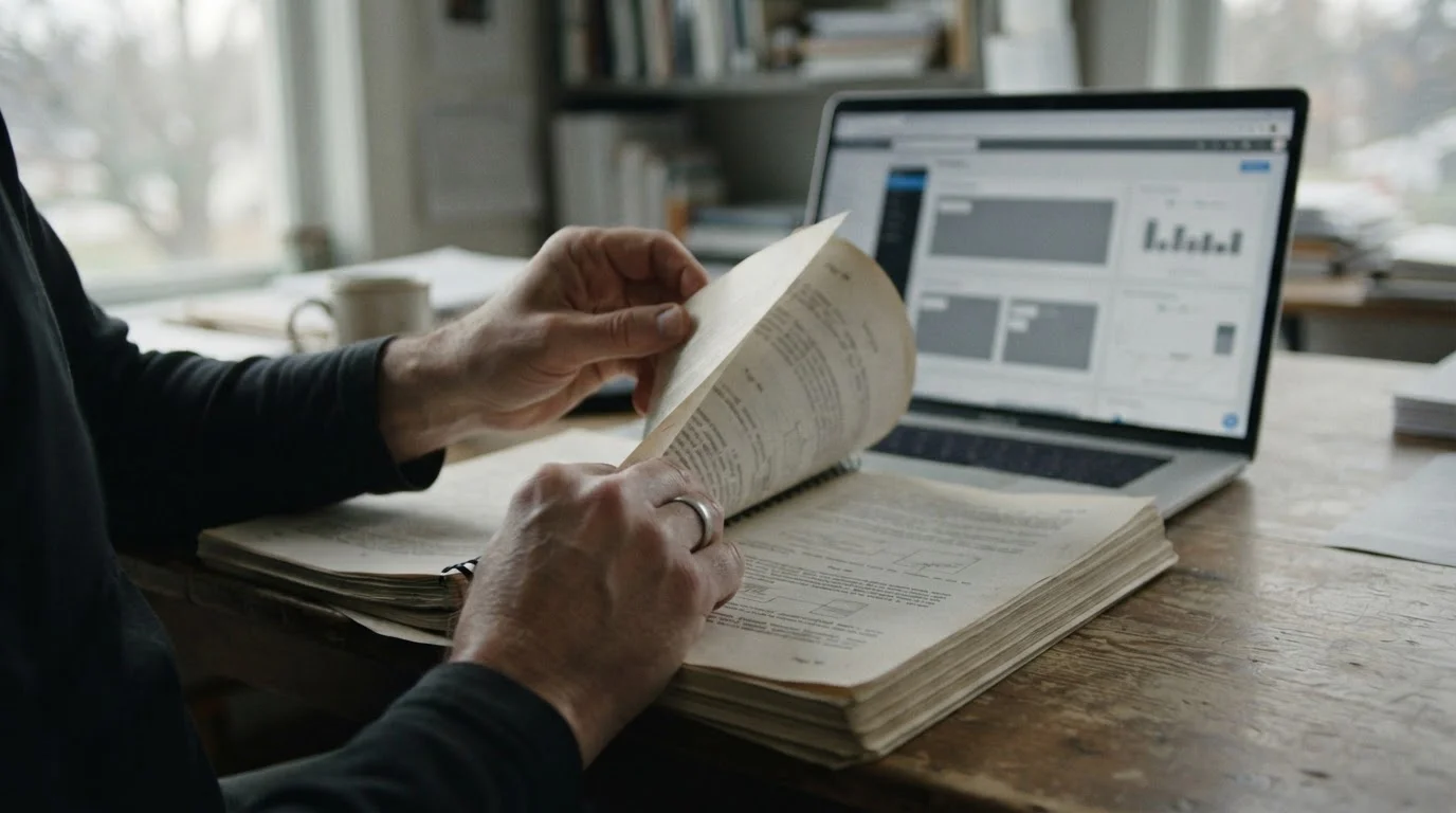 Dłonie przeglądające urzędowy dokument obok laptopa