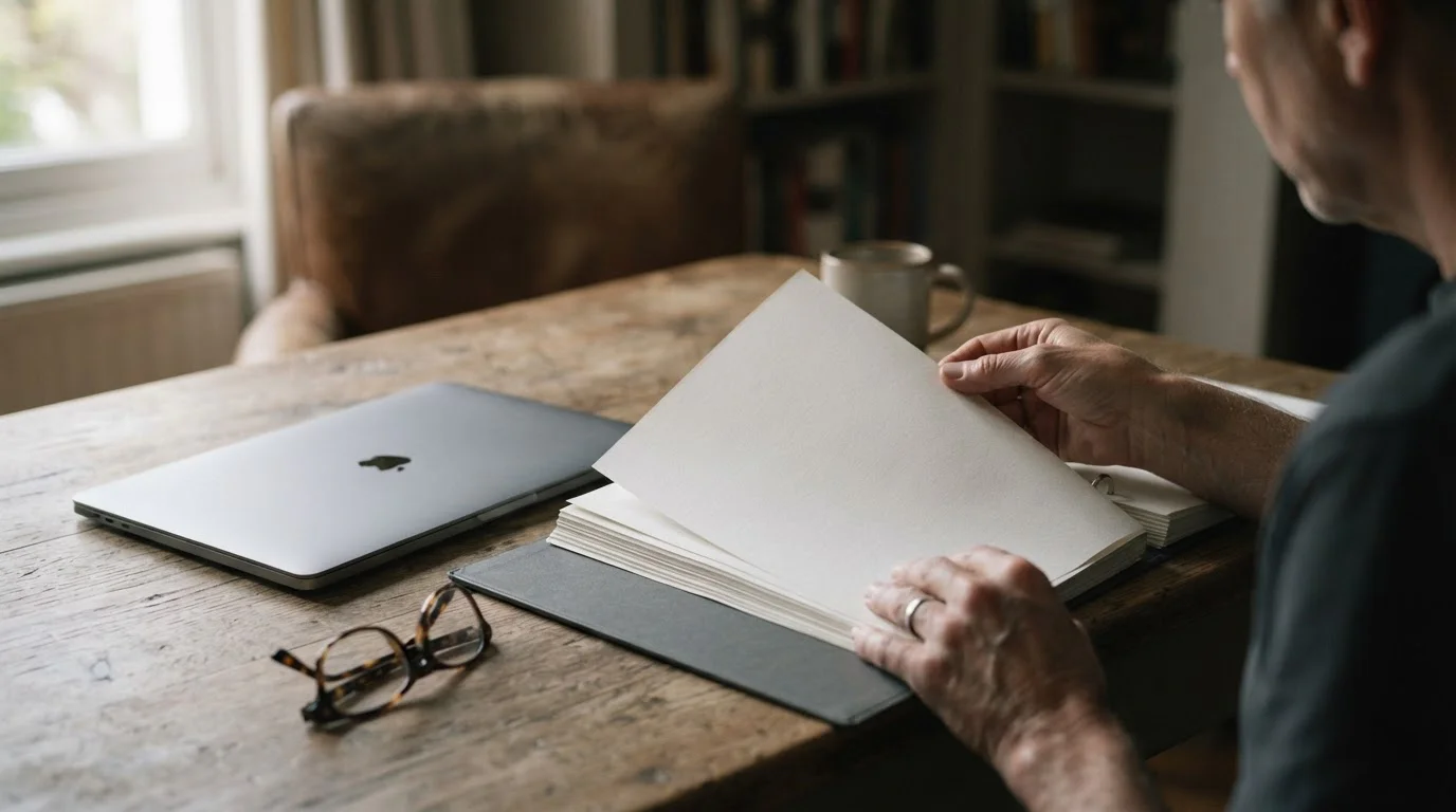Dłonie przeglądające wydrukowany dokument obok zamkniętego laptopa