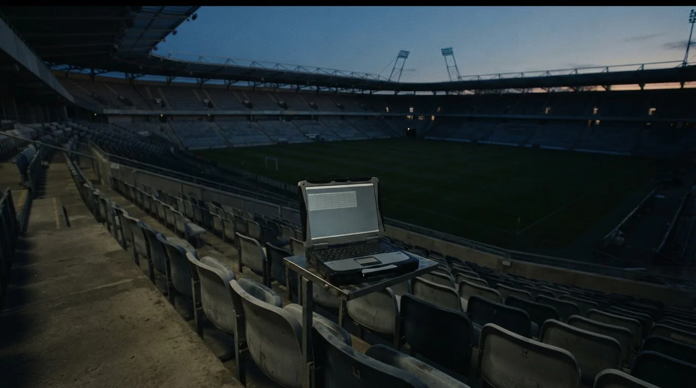 Pusty stadion piłkarski o zmierzchu i laptop z neutralną tabelą na krzesełku trybuny