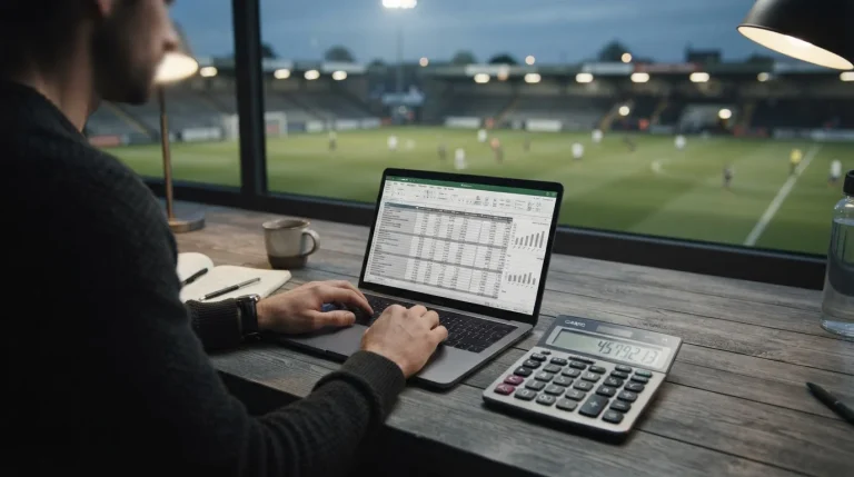 Laptop z tabelą i kalkulator obok transmisji meczu piłkarskiego