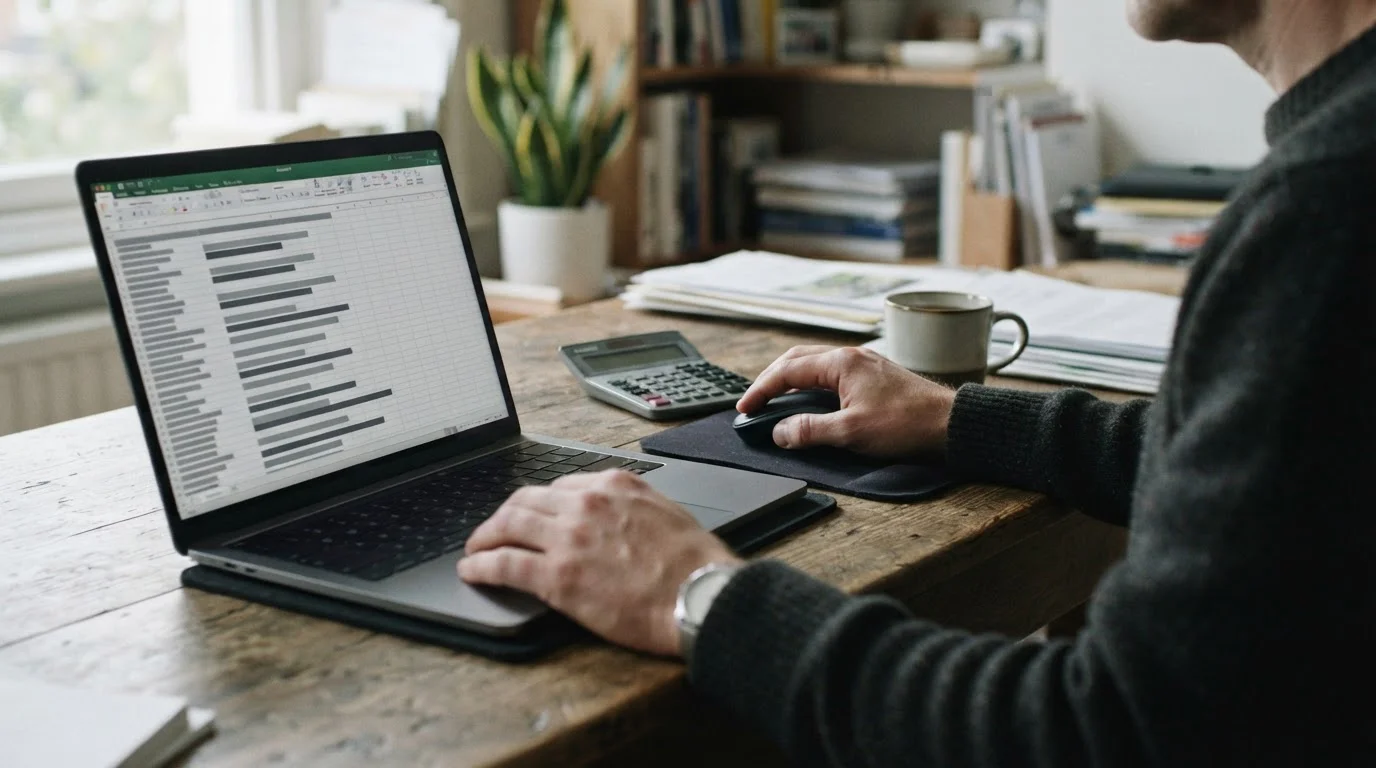 Dłonie przy laptopie z rosnącą listą szarych wierszy i kalkulatorem