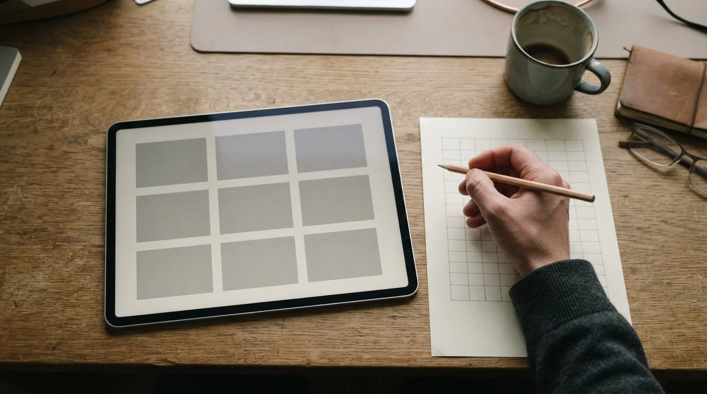 Tablet z siatką dziewięciu szarych pól do porównania ofert
