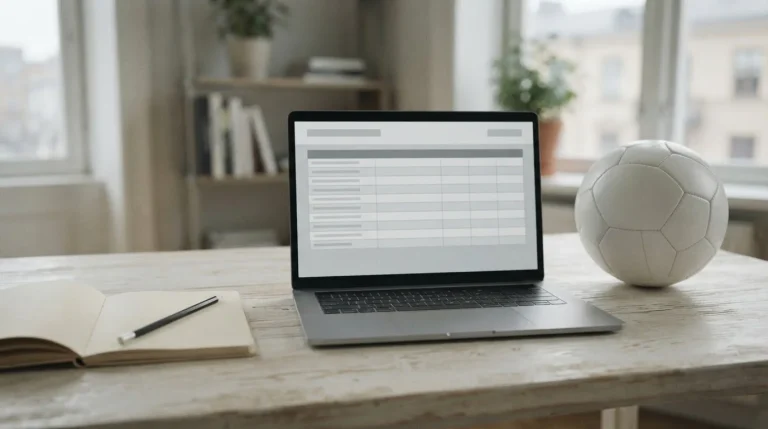 Laptop z tabelą danych, notes i piłka na biurku przy analizie kursów