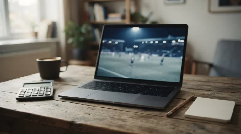 Laptop z rozmytym obrazem boiska piłkarskiego i kalkulator na biurku