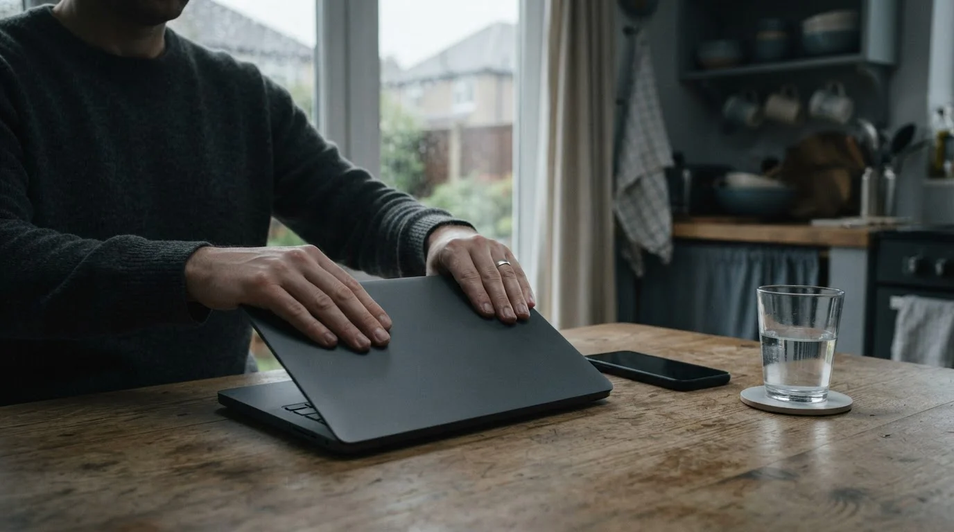 Dłonie zamykające laptopa na kuchennym stole