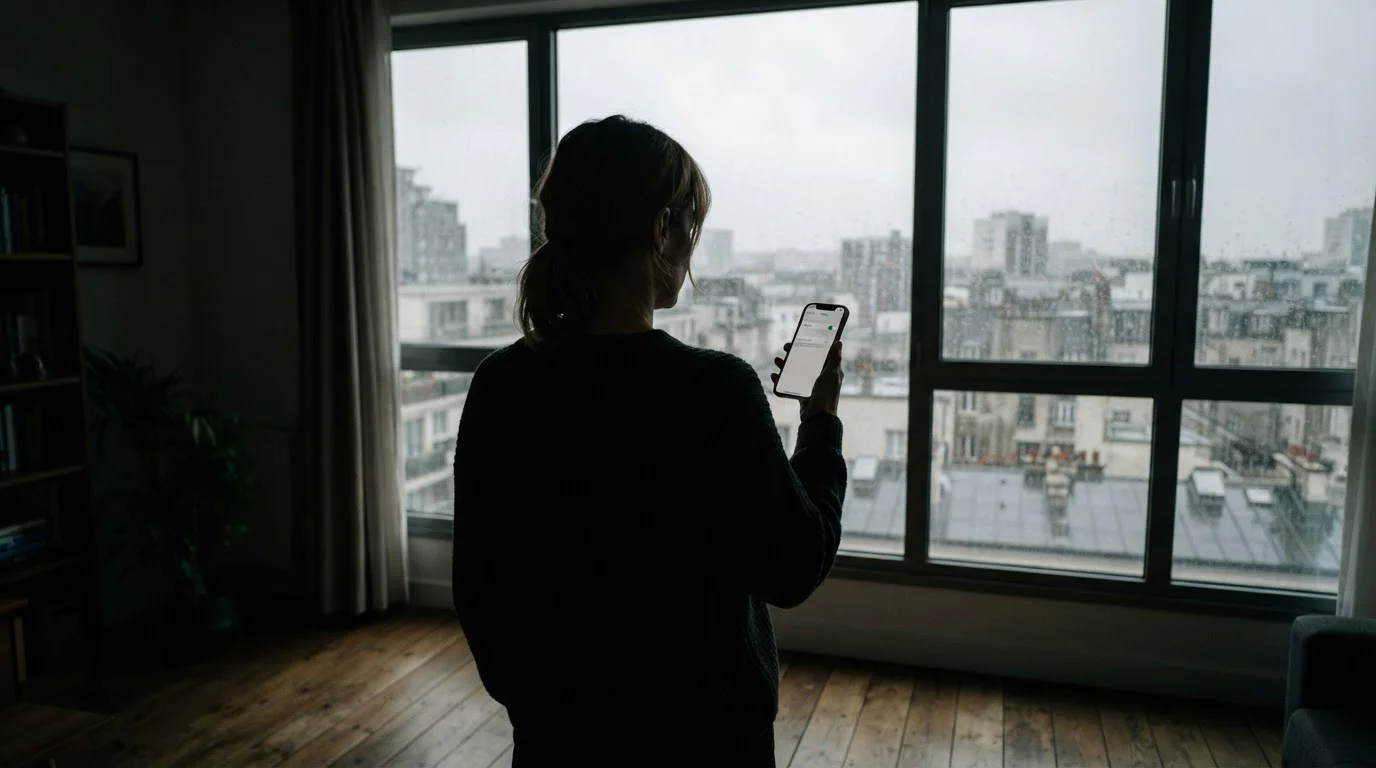 Sylwetka dorosłej osoby przy oknie i smartfon z ekranem ustawień limitu