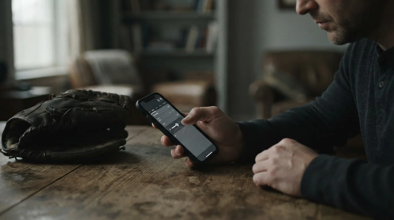Dłoń ustawiająca suwak limitu w telefonie, obok rękawica baseballowa