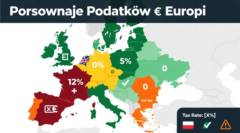 Mapa Europy pokazująca porównanie stawek podatkowych dla graczy bukmacherskich w różnych krajach